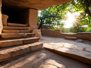 Poster - Stone steps leading to an open-air area with sunlight streaming through trees, creating shadows and highlights, ancient structure