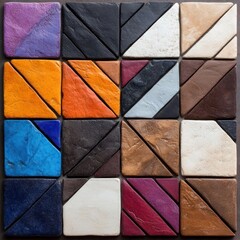 Leinwandbilder - Overhead shot of sixteen square tiles arranged in a grid. Each tile features a diagonal split with two distinct colors and textures creating a geometric pattern