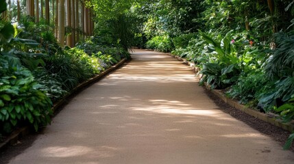 Aufkleber - A sunlit pathway winds through lush greenery creating a serene atmosphere with vibrant foliage on both sides and tall wooden columns