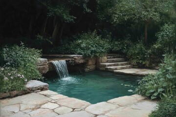 Poster - Tranquil outdoor water feature with waterfall cascading into a serene pool stone steps lush greenery and shaded ambiance evoking relaxation