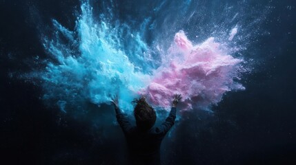 Aufkleber - Silhouette of a person with arms raised amidst exploding clouds of blue and pink powder against a dark background creating dynamic abstract forms
