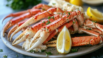Poster - Snow crab legs served on a platter with garlic butter and lemon wedges. 