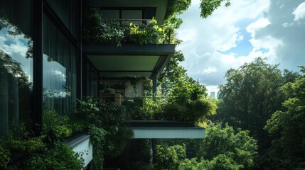 Poster - Green foliage overgrown on modern building balconies with sunlight through trees and partially cloudy sky