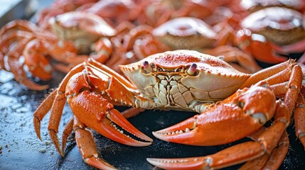Poster - Snow crabs displayed in a seafood market alongside lobsters and shrimp.