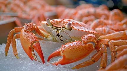 Poster - Snow crabs displayed in a seafood market alongside lobsters and shrimp. 