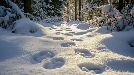 Aufkleber - Soft bunny paw prints in the snow, leading through a forest path during winter. 