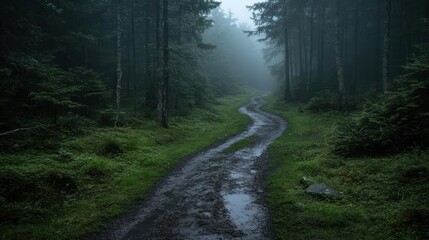 Fototapete - A winding dirt path through a misty green forest with tall trees and wet ground creates a moody and atmospheric scene