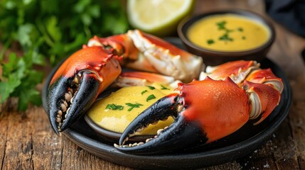 Poster - Stone crab claws served with mustard sauce on a wooden table 