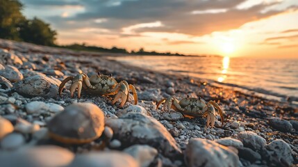 Poster - Stone crabs crawling over rocky terrain near a calm beach at sunset. 