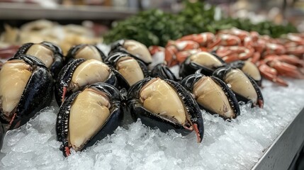 Poster - Stone crabs displayed on ice at a seafood market, alongside other fresh shellfish. 