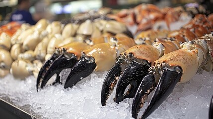 Aufkleber - Stone crabs displayed on ice at a seafood market, alongside other fresh shellfish.