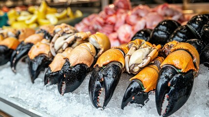 Poster - Stone crabs displayed on ice at a seafood market, alongside other fresh shellfish. 