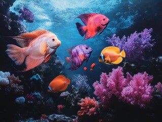 Poster - Colorful fish swimming amidst vibrant coral reefs with textured water and speckled light creating an underwater scene