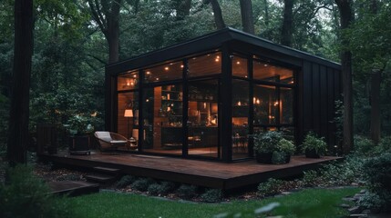 Poster - Modern black cabin illuminated by string lights nestled within a lush green forest offering a cozy atmosphere with a deck and surrounding trees