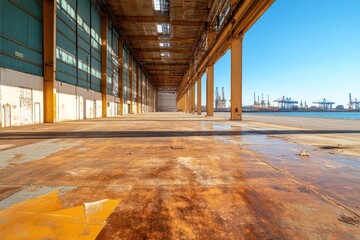 Poster - Interior view of abandoned industrial building with rusted floor and pillars under bright sunlight near the ocean