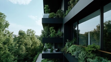 Poster - Exterior of generic building with balconies filled with greenery reflecting the sun. Lush green foliage. Blue sky in the background creating vibrant contrast