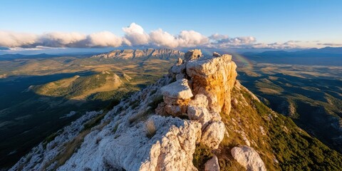 Poster - Rugged mountain ridge viewpoint with rainbow amidst mountain landscape forest and cloudy sky during daylight