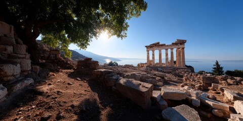 Poster - Ancient Greek temple ruins with columns under sun light sea view and mountain background landscape. Historical architecture scenery with dramatic sky and warm colors