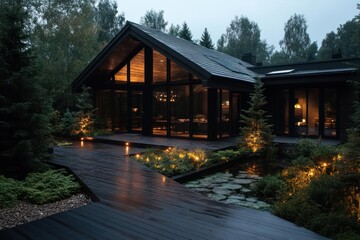 Poster - A modern wooden house surrounded by lush greenery in a tranquil outdoor setting. The building features large glass windows with warm interior lighting. A wooden pathway leads to the entrance through