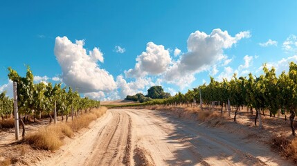 Poster - A sunlit vineyard landscape with rows of grapevines a dirt road under a bright blue sky with puffy white clouds and some trees in the background