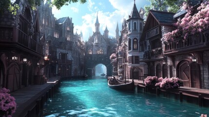 Poster - Idyllic waterside town scene with vibrant teal water and ornate architectural buildings along canal. Blooming pink flowers, bridge, and boats enhance the fairytale environment