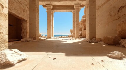 Poster - Ancient stone ruins with columns overlooking a sea under blue sky. The scene is lit by daylight, evoking feelings of history and exploration