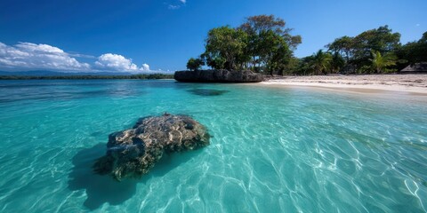 Poster - Generic beach scene with crystal clear turquoise water white sand shoreline and lush green vegetation under a vibrant blue sky Sunlight reflects on water surface and creates a serene and peaceful