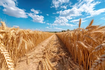 Poster - A vibrant landscape showcases a golden wheat field under a vivid blue sky dotted with fluffy white clouds. The perspective emphasizes the path through the grain