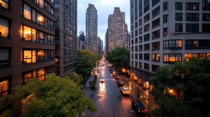 Aufkleber - Urban street scene with wet pavement buildings and illuminated windows cars and trees in the city at dusk