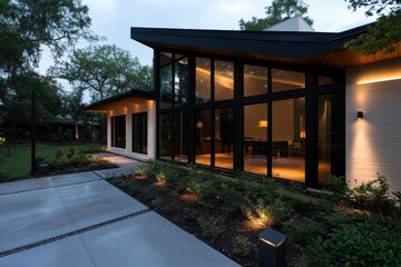 Aufkleber - Modern house exterior at dusk featuring glass wall structure with warm lighting and lush landscaping with walkway
