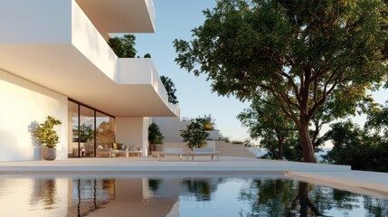 Poster - Luxury white villa with swimming pool and lush green trees. Reflection of the building in the water creates a serene atmosphere under a clear blue sky. Modern architecture in daylight