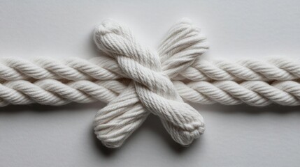 Poster - Close up of white rope cross on white surface with textured background and soft lighting