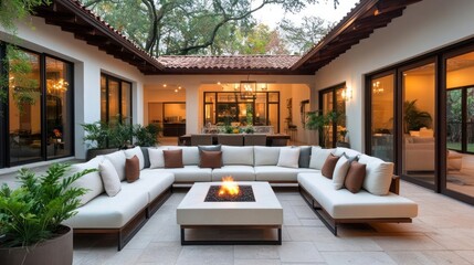 Aufkleber - Outdoor lounge area with cream sectional sofa fire pit and natural light from large windows and doors leading to interior space