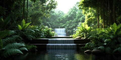 Aufkleber - Serene outdoor scene showcasing layered waterfall cascading into a tranquil pond framed by lush green foliage plants and trees bathed in soft natural light