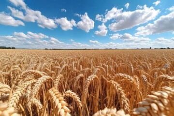 Poster - Vast golden wheat field under a bright blue sky with scattered fluffy white clouds. The image captures the textures of the wheat and expansive landscape. Sunny and vibrant