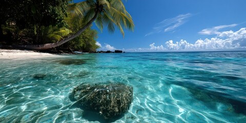 Poster - Tropical beach scene with clear turquoise water white sand lush green vegetation and a palm tree under a bright blue sky with fluffy clouds