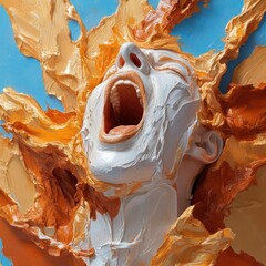 Poster - Sculpted white face with open mouth expressing anguish surrounded by textured gold and orange bursts against a blue backdrop intense emotional artwork