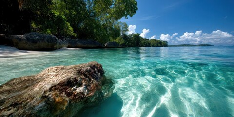 Aufkleber - Scenic view of crystal clear turquoise water with underwater textures and sunlight reflections near shoreline with large rocks and lush green trees under blue sky and white clouds in tropical