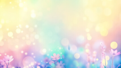 Wall Mural - Abstract Spring Rainbow blurred background with glitter sparkle, bokeh effect, floral element, flower, branch, highlight for wallpaper design.