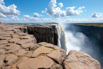 Poster - Scenic aerial view of powerful waterfall cascading over cliff edge under bright blue sky and fluffy clouds showcasing nature's raw beauty and vastness