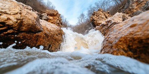 Poster - Water rushing between brown rocky formations with white foam splashes against a pale blue sky natural landscape