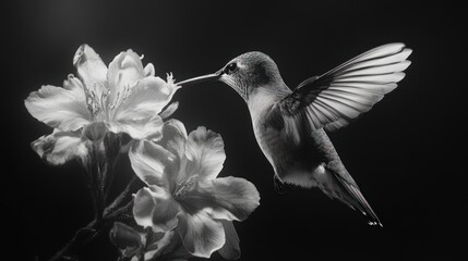 Monochrome marvel hummingbird in motion sipping nectar from pristine blossoms