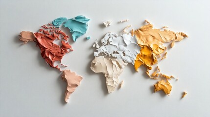 Poster - Textured world map illustration with continents in various colors on a sparkling white background. Artistic representation of global geography and diversity
