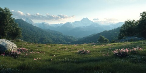 Aufkleber - Scenic mountain landscape with lush green meadows and colorful wildflowers under a clear blue sky. Rolling hills and dense forests create a serene natural panorama with bright sunlight