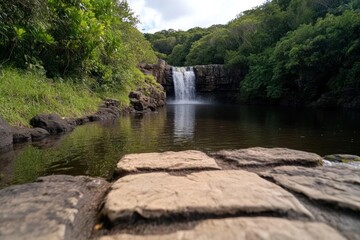 Aufkleber - Tranquil waterfall cascading into a serene pool surrounded by lush greenery and stone pathway on a bright day. 