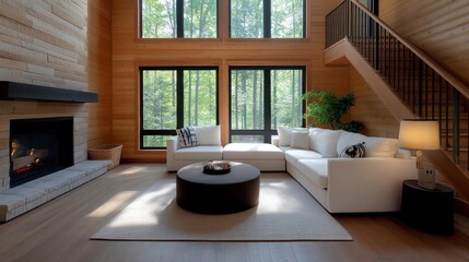 Fototapete - Cozy living room interior with wooden walls fireplace large windows white sofa black coffee table and stairwell bright sunlight through windows