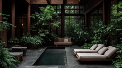 Fototapete - Indoor oasis with a dark pool surrounded by lush green plants. Loungers and benches offer relaxation amid natural light and wooden architecture