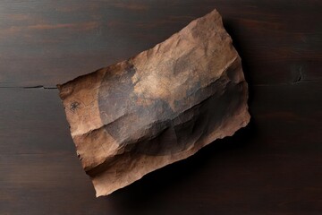Poster - Close up of a wrinkled brown paper bag with dark specks against a dark wooden surface under natural lighting