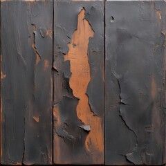 Poster - Close up view of three vertical wooden planks with peeling black paint revealing a weathered brown surface