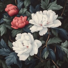 Poster - Floral pattern featuring vibrant red and white peonies with detailed textured effect against a dark background. Green leaves and branches intertwine
